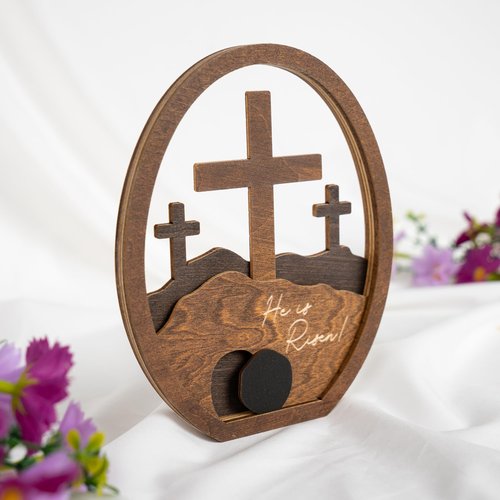 He is Risen Gifts for Adults, Easter Decor Resurrection Scene Empty Tomb, Christian Table Decorations Indoor, Catholic Cross Jesus Religious Easter Gifts Decor (Walnut Wood)