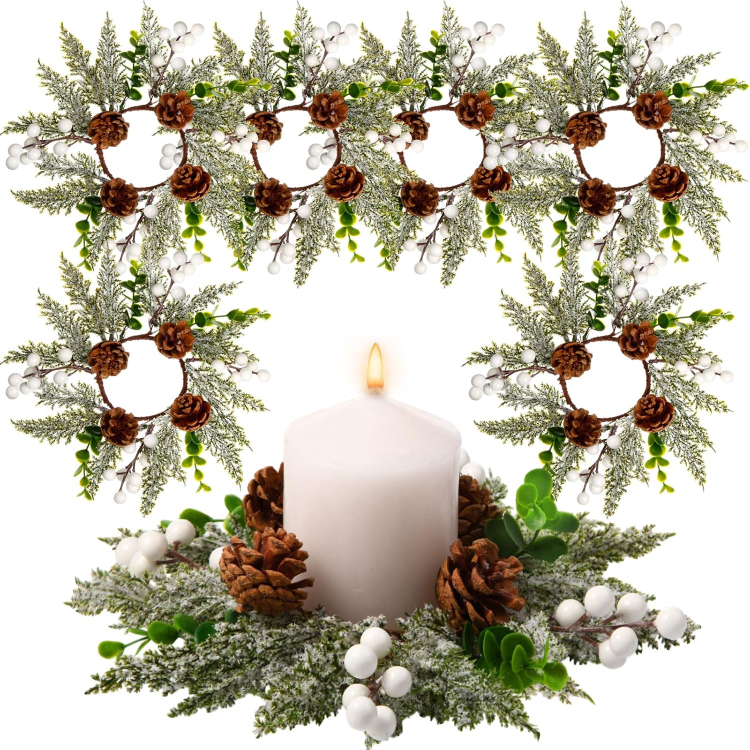 Vercraft 6-Piece Christmas Candle Rings - Snowy Pine Garland with White Berries & Pine Cones | Festive Home Decor