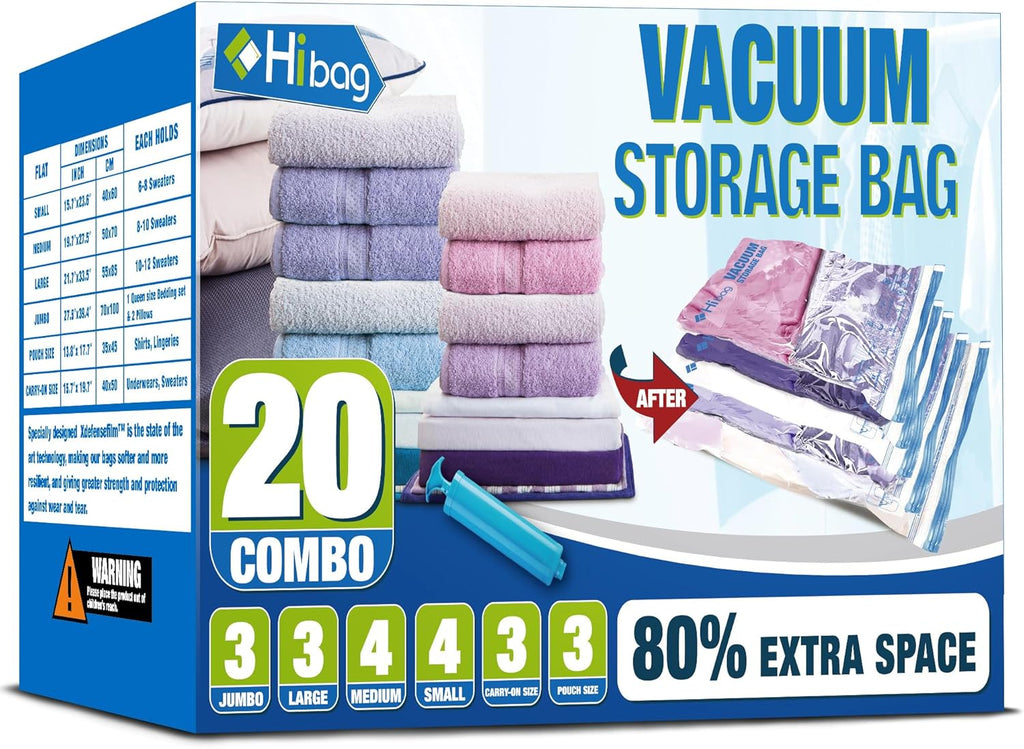 Skiennix Vacuum Storage Bags - Space-Saving Sealable Bags for Clothes & Bedding | 20-Pack