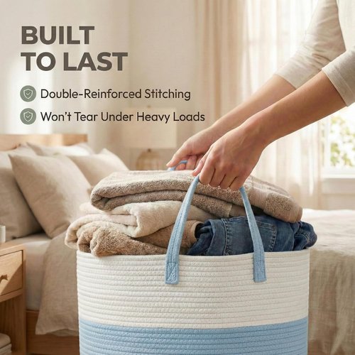 JMvicyroam 65L Extra Large Blanket Basket - Woven Cotton Rope Laundry Hamper with Reinforced Handles | Machine Washable, White & Blue