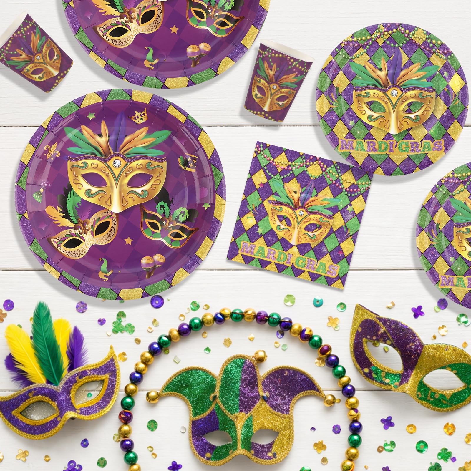 Arosche Mardi Gras Decorations Party Supplies Set for 24-Disposable Paper Plates and Napkins, Cups, New Orleans Masquerade Beads Holiday Tableware Party Decorations for Fat Tuesday Party Table Decor