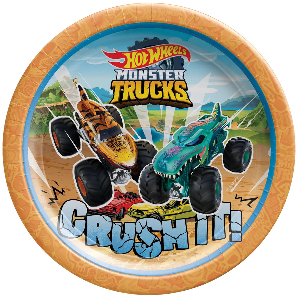 Monster Trucks Birthday Party Supplies Bundle includes 16 Dessert Cake Plates, 16 Lunch Plates, 32 Lunch Napkins, 1 Dinosaur Sticker Sheet