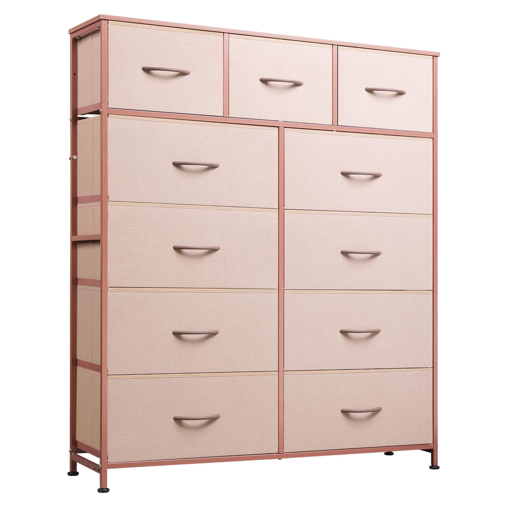 WLIVE Tall Dresser for Bedroom, Fabric Dresser Storage Tower, Chest of Drawers Organizer Unit with 11 Drawers, Storage Cabinet, Hallway, Closets, Steel Frame, Wood Top, Pink