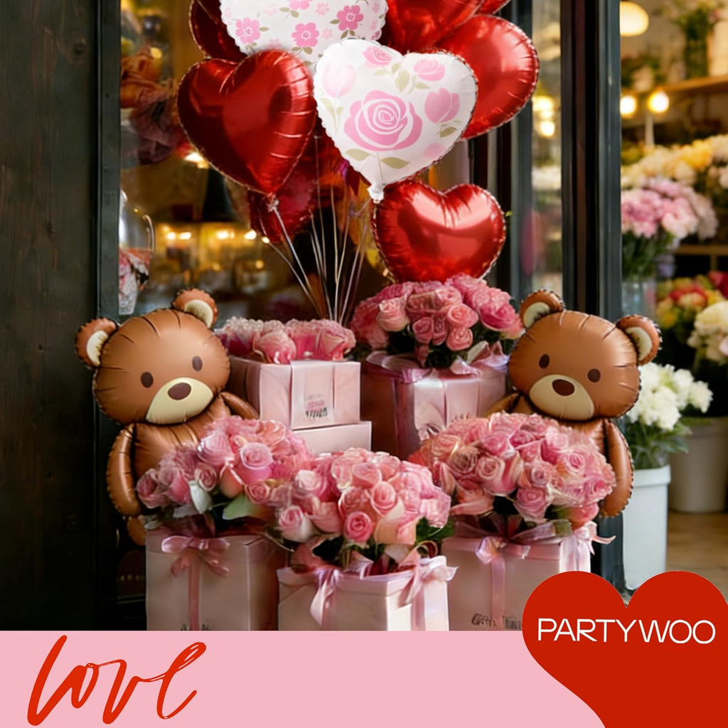 PartyWoo Valentine's Balloons - 15pcs Foil Bear & Red Heart Balloons | 24" & 18" for Romantic Celebrations