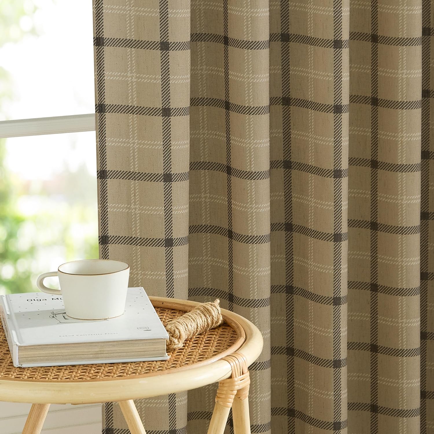 NICETOWN Linen Plaid Curtains - 84-Inch Light Filtering Privacy Shade | Semi-Sheer Grid Pattern, 1 Pair, 52W x 84L