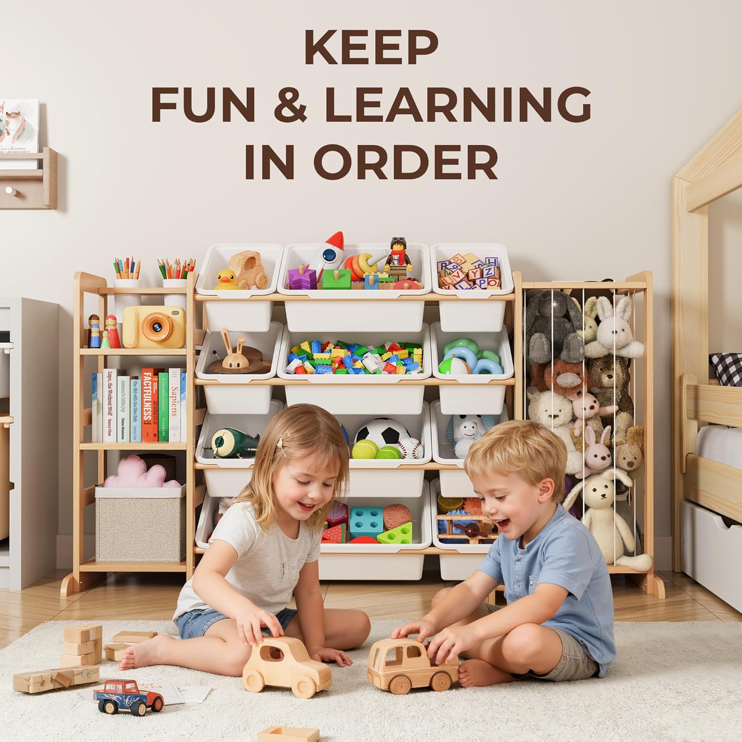 Toy Storage Organizer by [Brand Name] - Kids Playroom Bookshelf with 12 Bins & Stuffed Animal Storage - Essential Nursery Decor