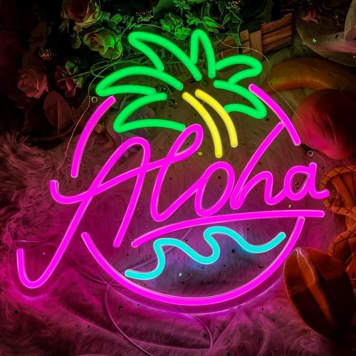 Aloha Neon Sign - Tropical LED Light for Beach Parties | Pink, Blue & Green Tiki Bar Decor