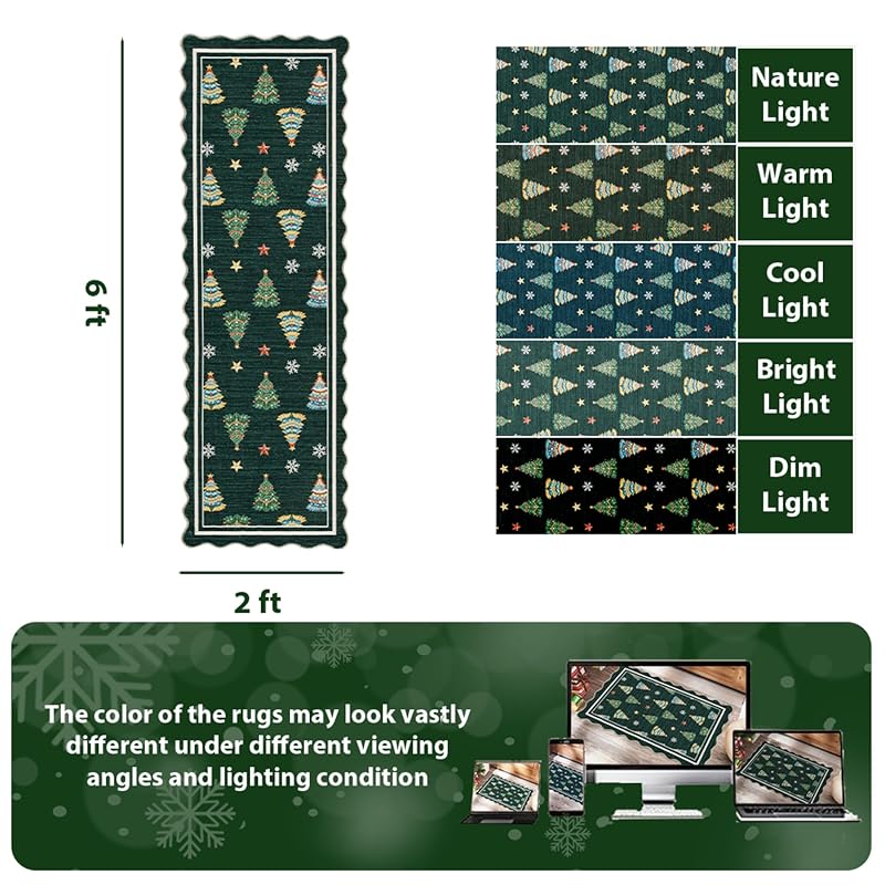 Ortiga Scalloped Christmas Runner Rug 2' x 6' Forest Green - Machine Washable