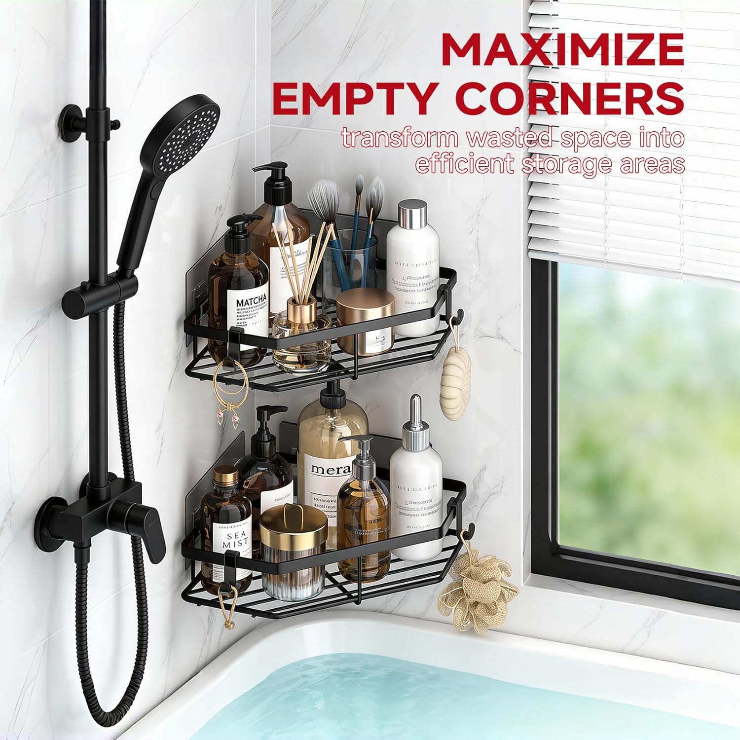 Skiennix Corner Shower Caddy - 5-Pack Adhesive Organizer Shelves | No-Drill Stainless Steel Storage Rack (Black)