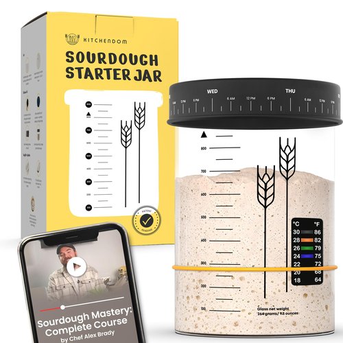 Kitchendom Large Sourdough Starter Jar (32 Oz) - Wide-Mouth Glass Jar - Free Course by Award-Winning Chef Alex Brady, Perfect for Beginners - Sourdough Starter Container, Dishwasher Safe
