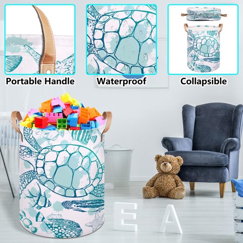 Large Laundry Hamper Basket Ocean Theme Round Freestanding Clothes Basket, Sea Turtle Collapsible Storage Organizer Bin with Leather Handles for Dirty Clothes Toys, Nursery Home Storage 16"W x 20"H