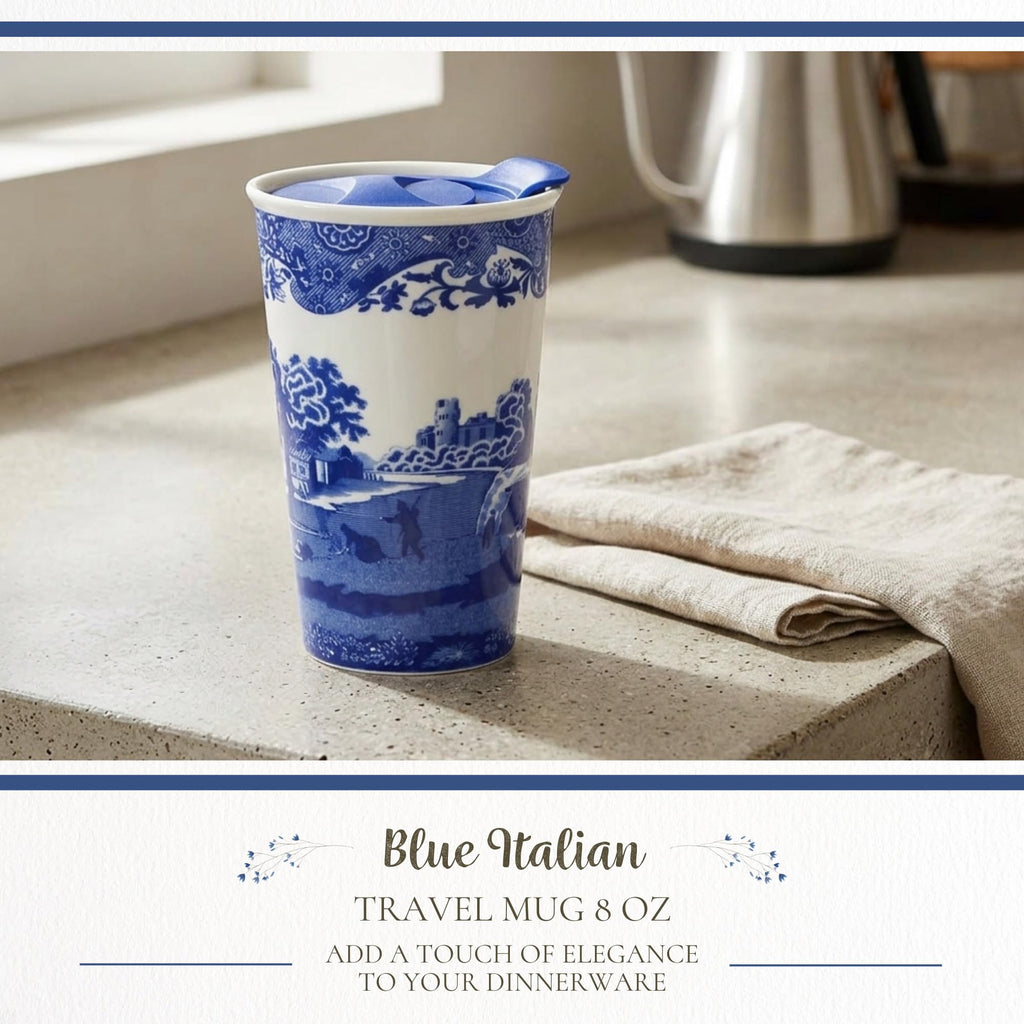 Spode Blue Italian 8oz Porcelain Travel Mug with Lid – Scenic Patterned Drinkware with Decorative Border - Portable Ceramic Coffee Cup for Brunch, Tea, On-the-Go Hot Beverage Moments