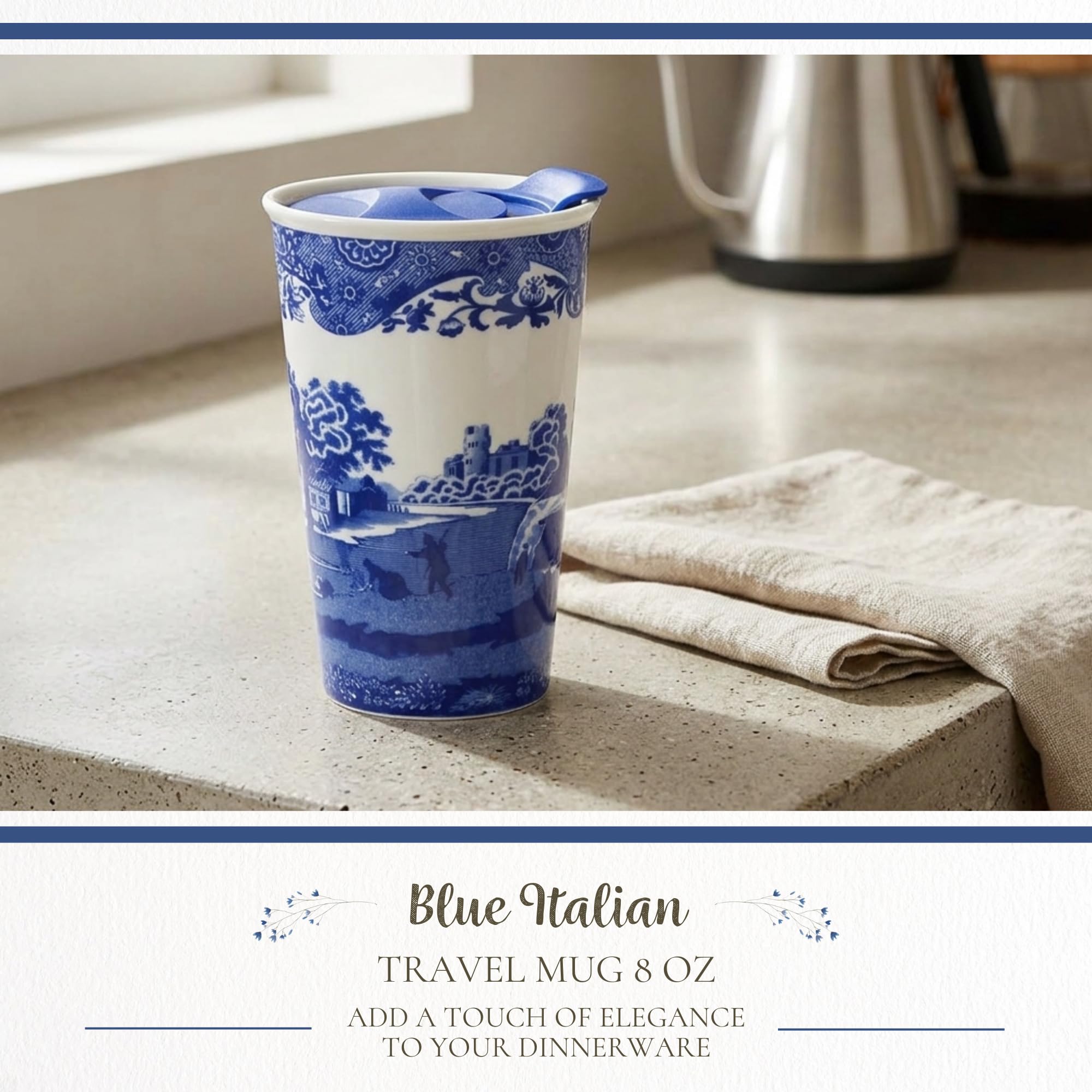 Spode Blue Italian 8oz Porcelain Travel Mug with Lid – Scenic Patterned Drinkware with Decorative Border - Portable Ceramic Coffee Cup for Brunch, Tea, On-the-Go Hot Beverage Moments