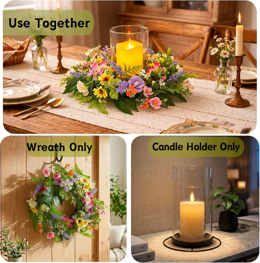 Skiennix Floral Candle Holder - Glass Hurricane with Detachable Wreath | Spring Centerpiece for Home & Weddings