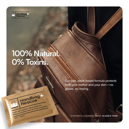 HandBagRescue All-Natural Cleaning Wipes. Remove Dirt & Surface Stains & Conditions Leather Handbags with Essential Oil. Box of 10 Individually Wrapped Wipes.