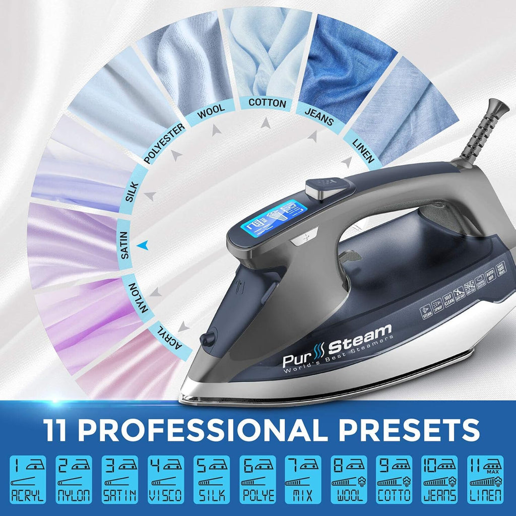 Pursteam Steam Iron - 1800W LCD Screen, Nonstick Ceramic Soleplate, Auto Shutoff & Self-Cleaning