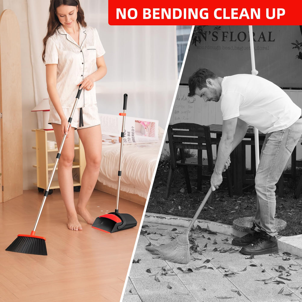 BSKLIN Broom and Dustpan Set for Home, 52" Long Handle Standing Broom Set with Dustpan Self-Cleaning Teeth for Hair Removal Heavy Duty Indoor Outdoor Sweeping Kit for Kitchen Garage (Black)