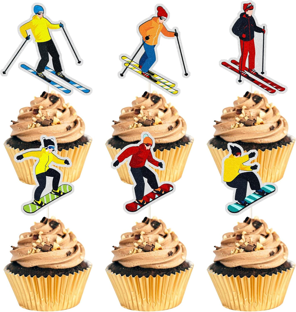 Skiennix Ski Theme Cupcake Toppers - Rainbow Glitter Cake Decorations for Ski Lovers | 18PCS