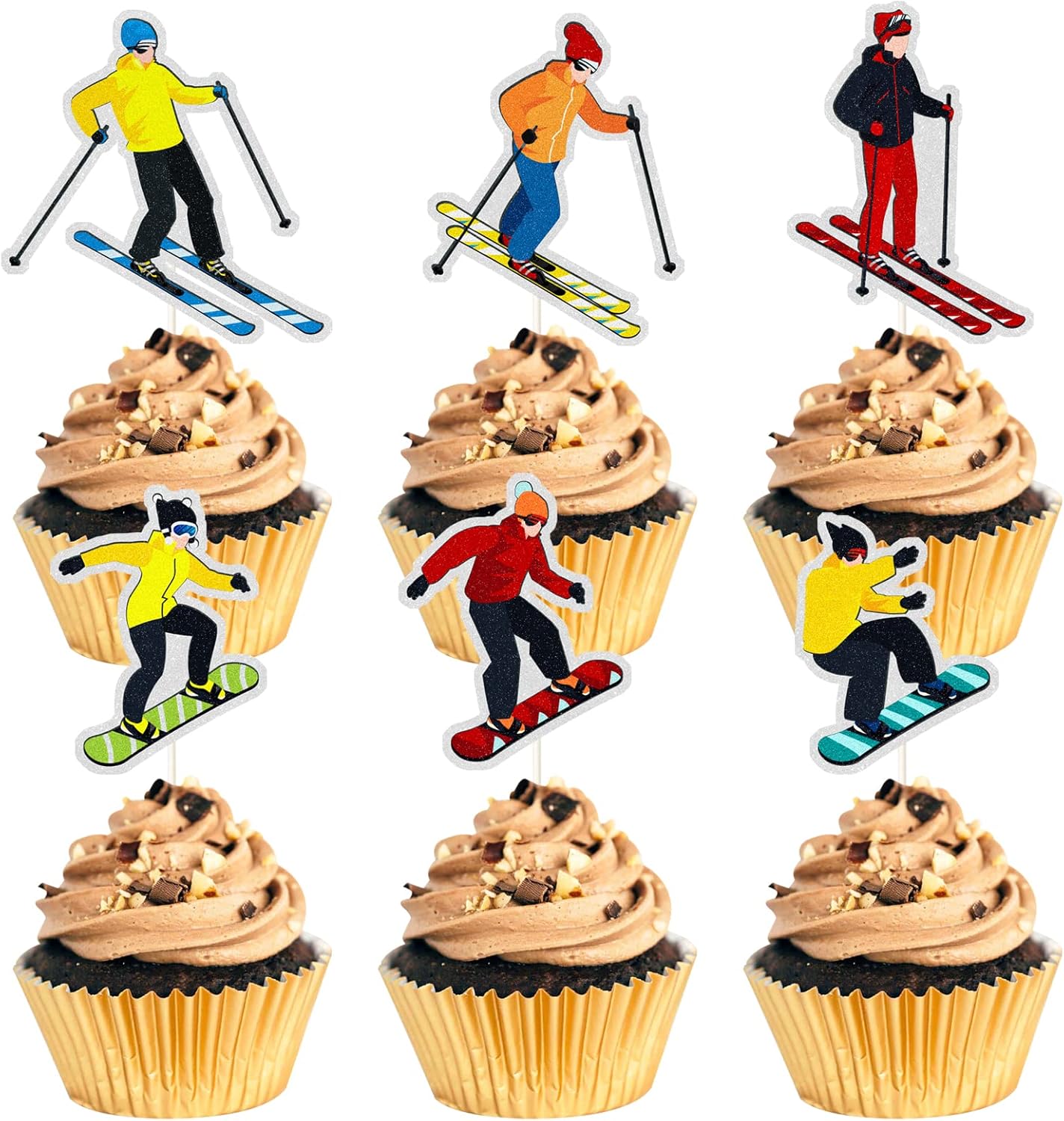 Skiennix Ski Theme Cupcake Toppers - Rainbow Glitter Cake Decorations for Ski Lovers | 18PCS