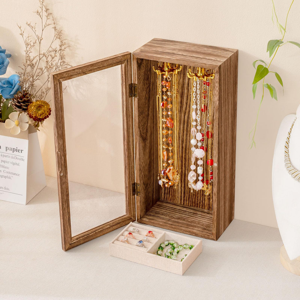 SINGLBA Necklace Holder Organizer, Wooden Jewelry Box for Women Girls, Rotatable Jewelry Organizer Case with Ring Tray Display & Storage for Necklaces Bracelets Rings Earrings, Gifts for Women Her