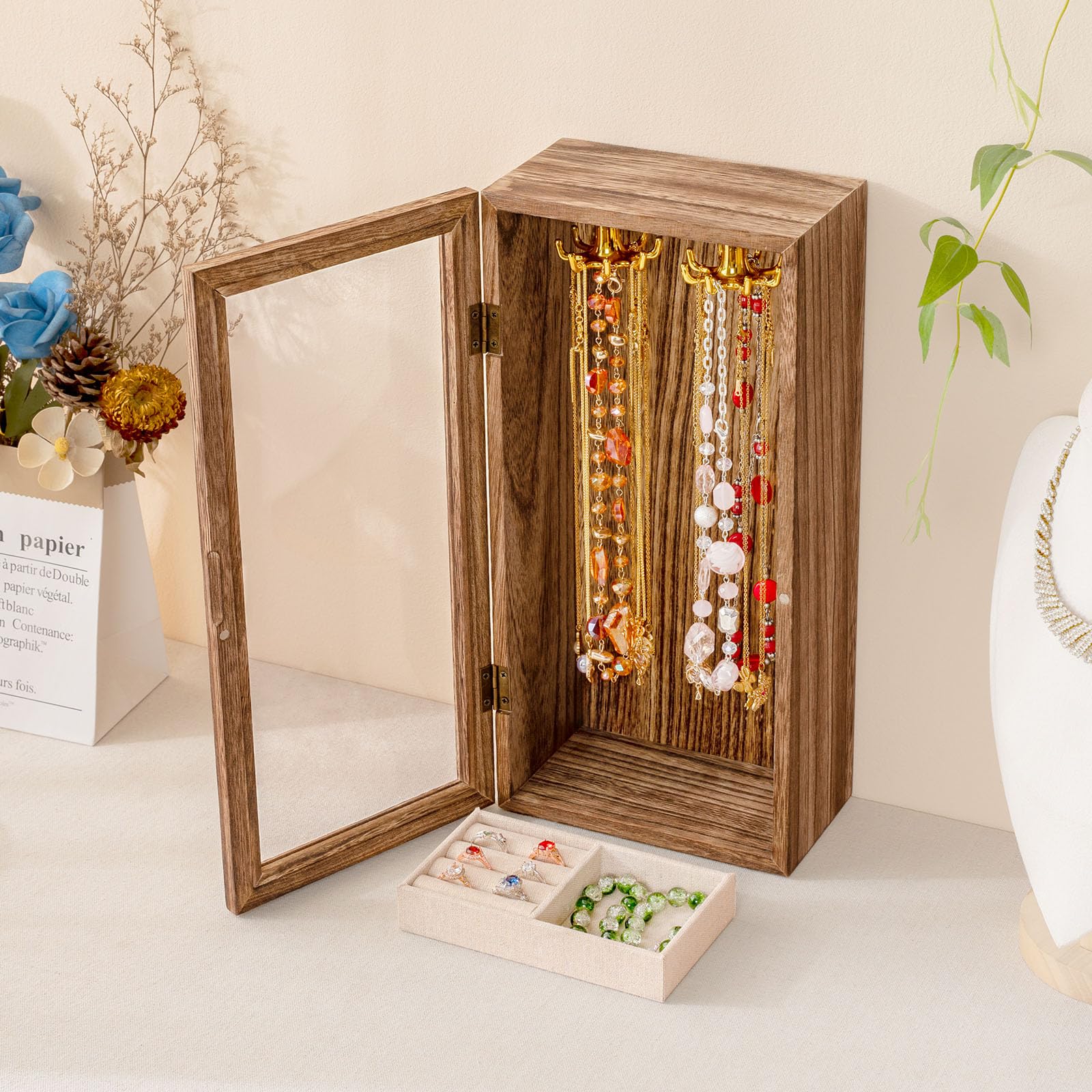 SINGLBA Necklace Holder Organizer, Wooden Jewelry Box for Women Girls, Rotatable Jewelry Organizer Case with Ring Tray Display & Storage for Necklaces Bracelets Rings Earrings, Gifts for Women Her