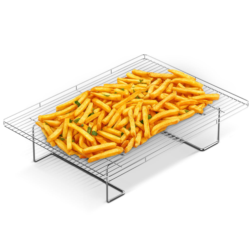 Flip-Free Crispmaster 1st Ever 4-Inch Elevated Roasting, Baking, and BBQ Rack for 360° Heat Stainless Steel Wings, Fries, Chicken, Veggies, Turkey for Oven, Grill, or Smoker 17” x 13”