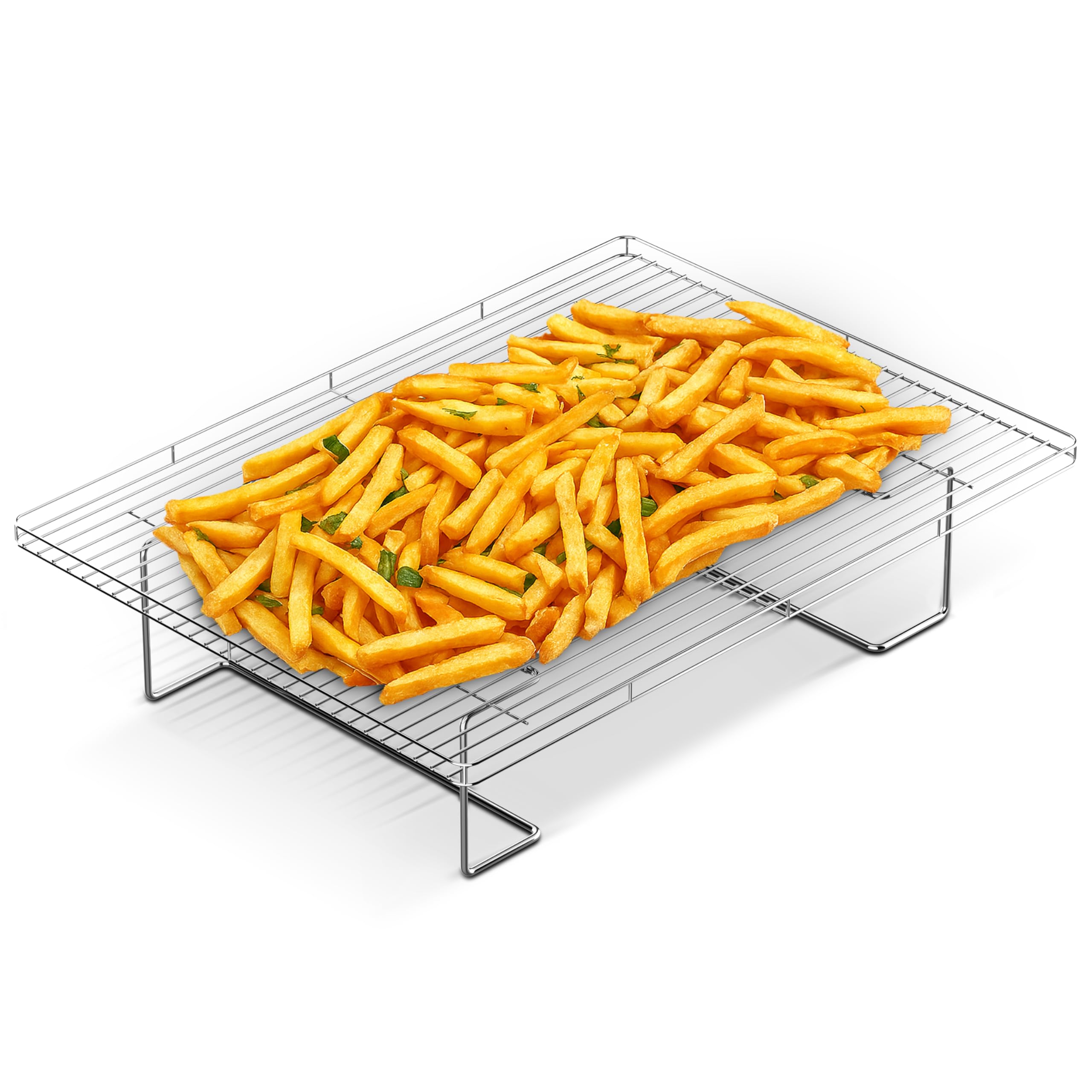 Flip-Free Crispmaster 1st Ever 4-Inch Elevated Roasting, Baking, and BBQ Rack for 360° Heat Stainless Steel Wings, Fries, Chicken, Veggies, Turkey for Oven, Grill, or Smoker 17” x 13”