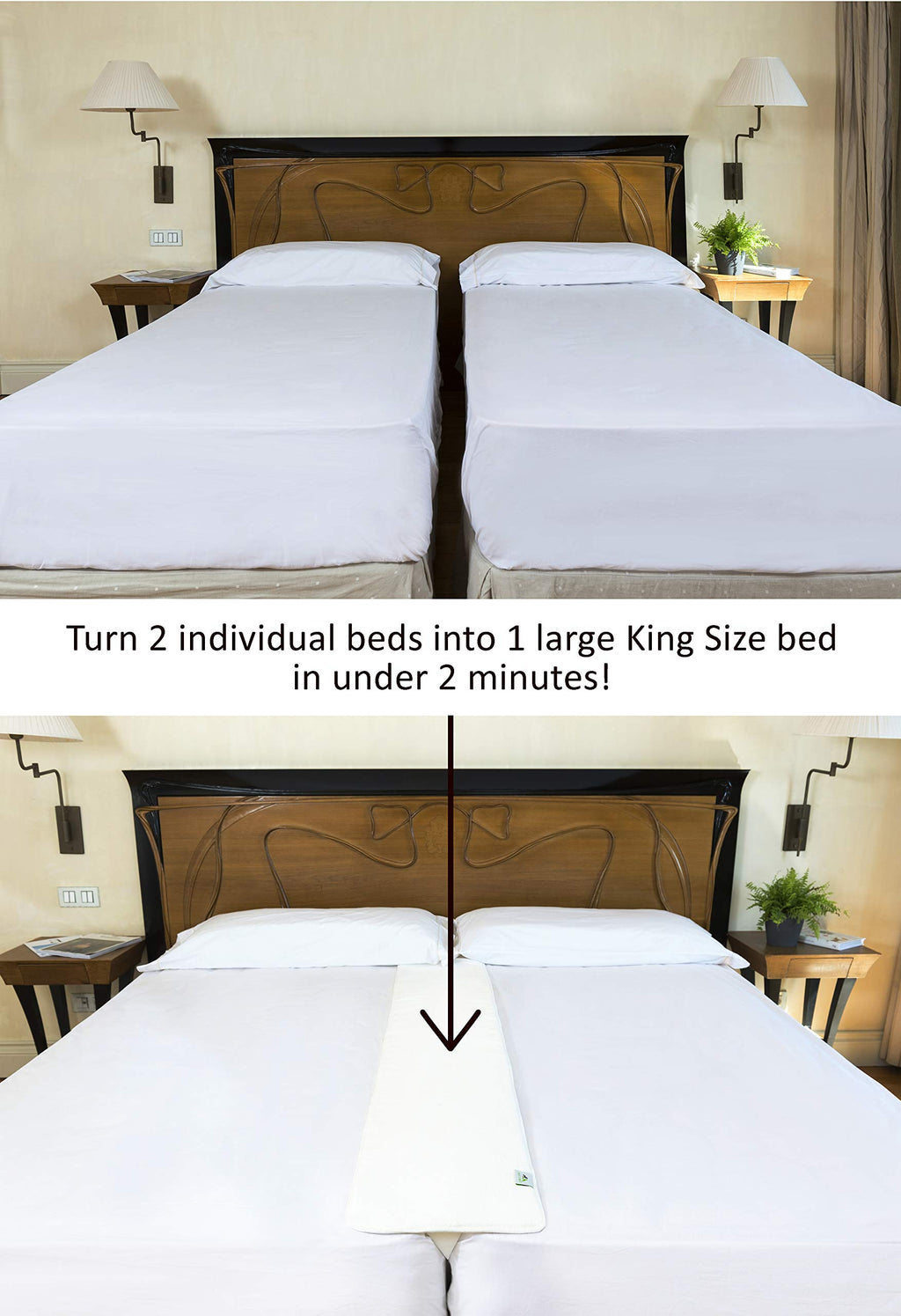 Insieme 12 x77 inch Bed Bridge Twin to King - Split King Gap Filler for Adjustable Bed - Hypoallergenic Fabric - White, Thin and Strapless