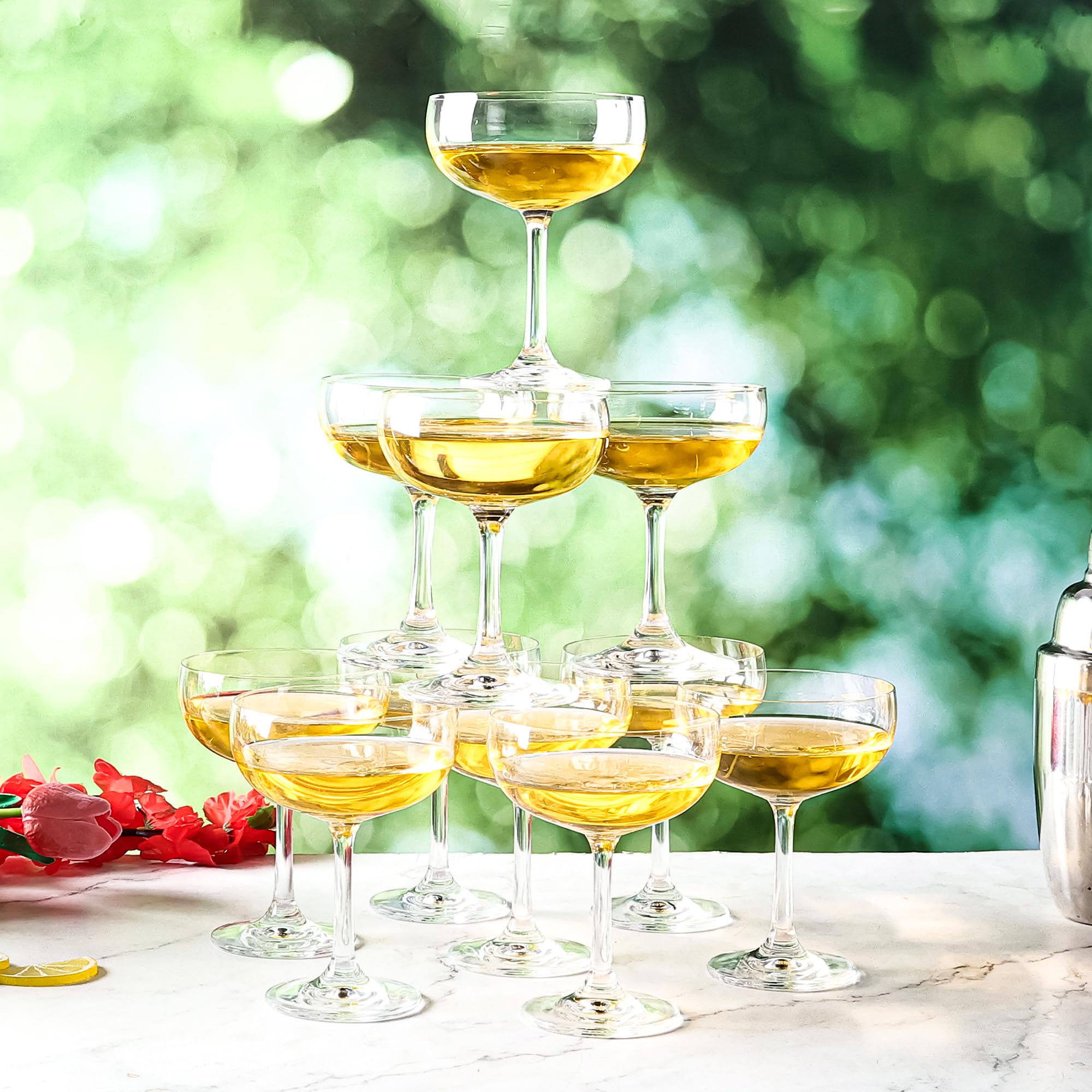 QOWOEO Set of 12 - Champagne Coupe Glasses, 7 Oz Clear Cut Rim Martini Glass with Short Stable Base, Ideal for Parties, Birthdays and Bars, Dishwasher safe