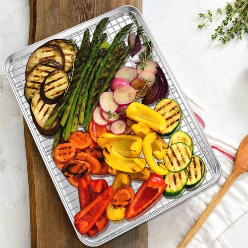 Leonyo Half Sheet Baking Pan Set - 17.5" x 13" Stainless Steel Cookie Sheets with Cooling Rack - 4 Pack