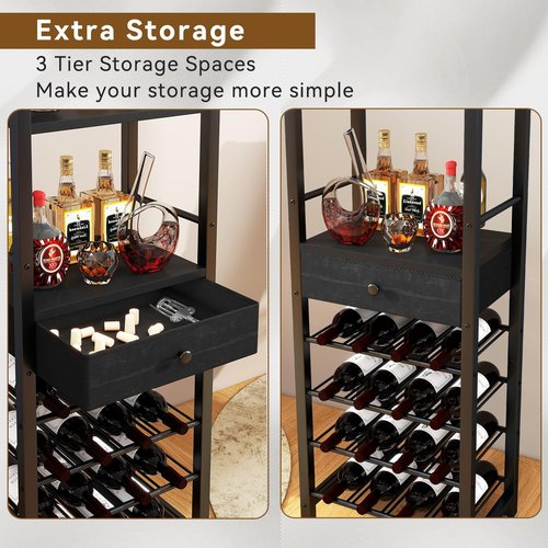 IBUYKE Wine Rack Freestanding Floor, Bar Cabinet for Liquor and Glasses,Coffee Bar Cabinet 4-Tier Wood bar Cabinet,Glass Holder and Storage Drawer for Home Bar Kitchen Living Room,Black UTMJ905B