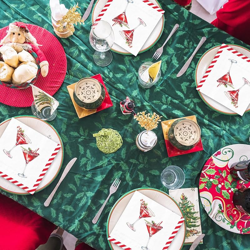 Christmas Martini Napkins 50Pcs - Red Stripe Disposable Paper Napkins 5x5in (10x10in) Santa Holiday Party