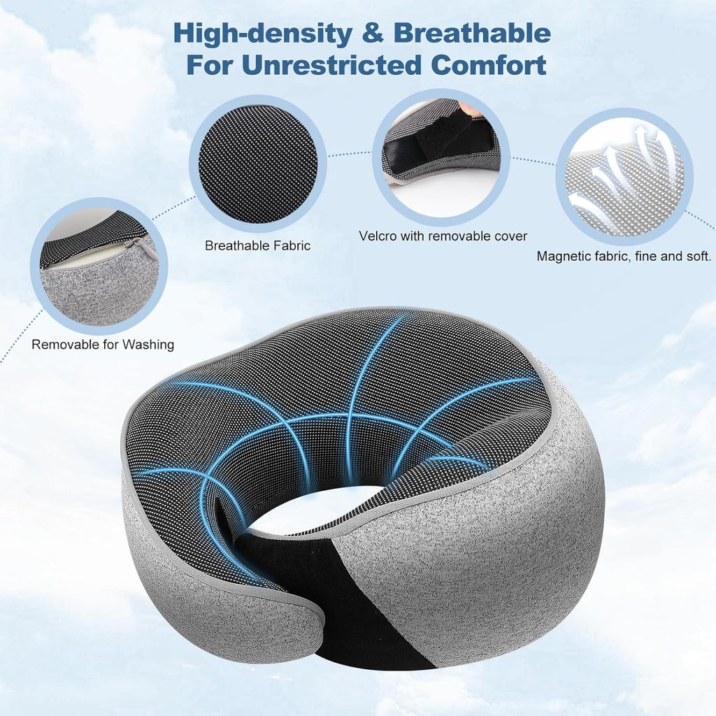 Memory Foam Travel Neck Pillow - Ergonomic 360° Head Support | Includes Eye Mask & Ear Plugs | Ultra Portable Gray Pillow for Flights & Cars
