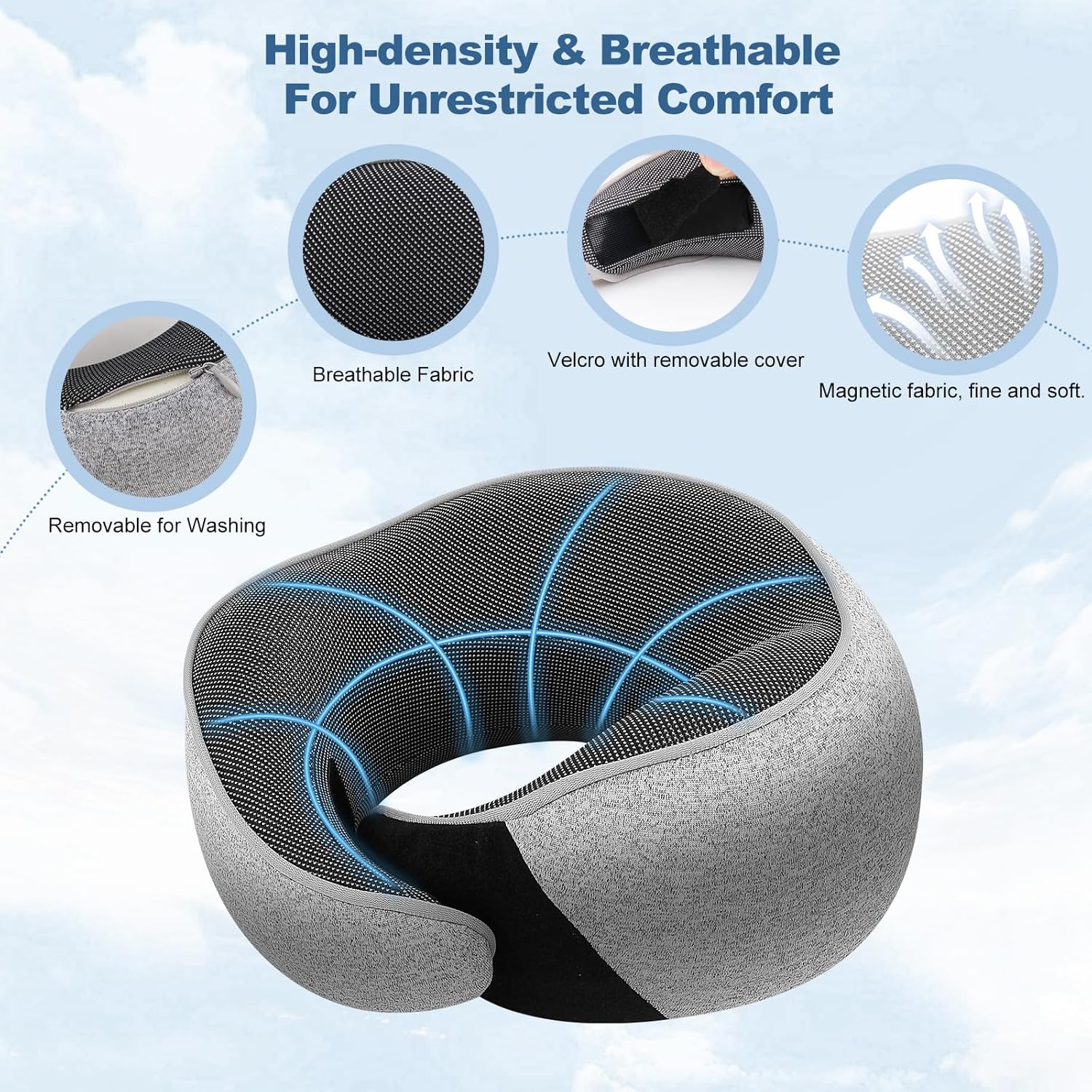 Memory Foam Travel Neck Pillow - Ergonomic 360° Head Support | Includes Eye Mask & Ear Plugs | Ultra Portable Gray Pillow for Flights & Cars