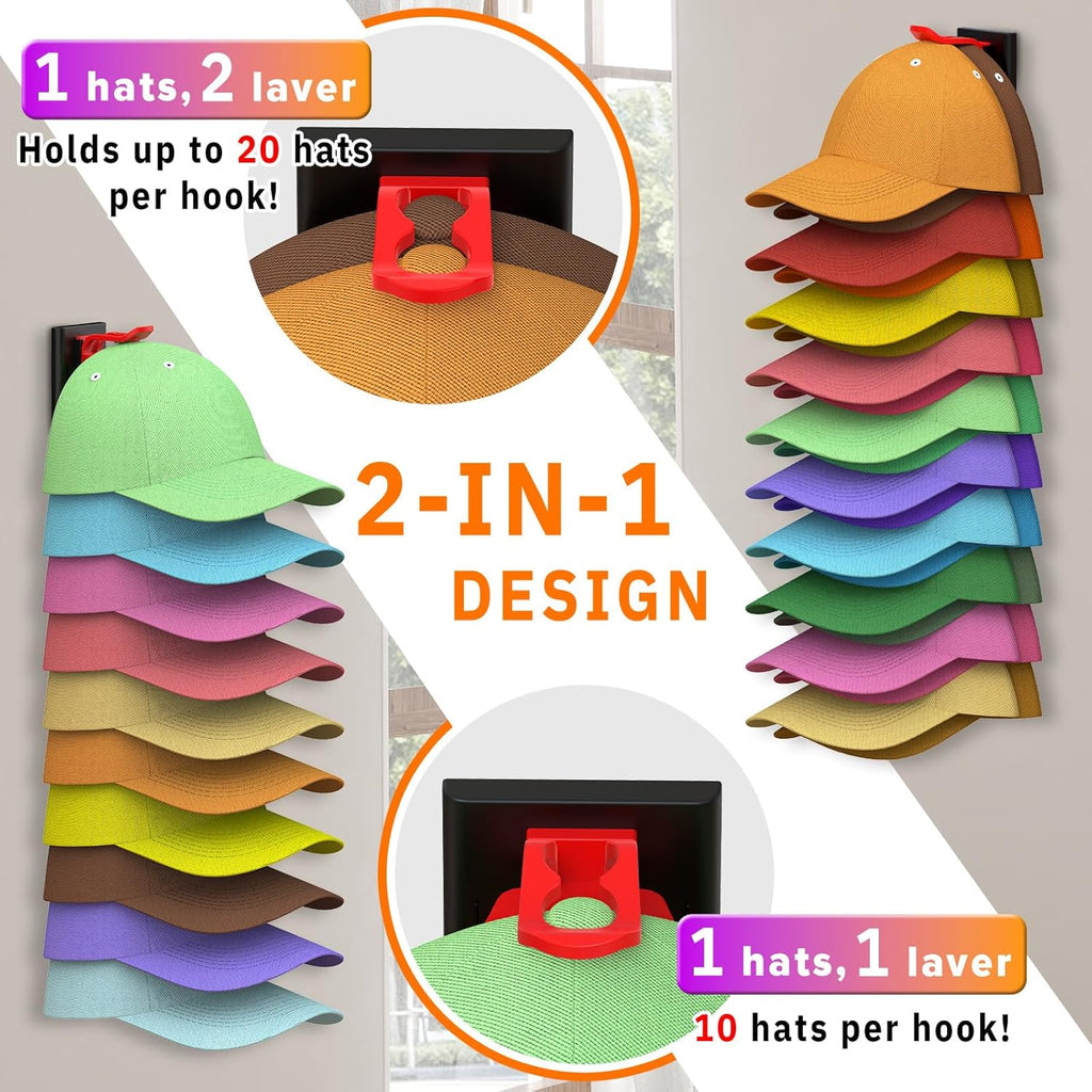 Volnamal Hat Organizer - 2 Pack Baseball Cap Storage Rack | Holds Up to 40 Hats, Wall-Mounted, Black & Color