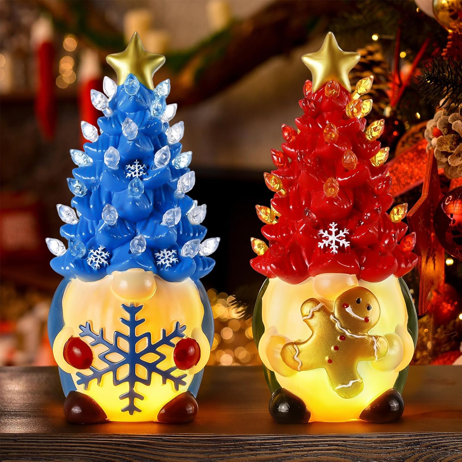 Riakrum Gnome Christmas Tree Decor - Lighted Gingerbread & Snowflakes | 6.5” Resin Indoor Centerpieces