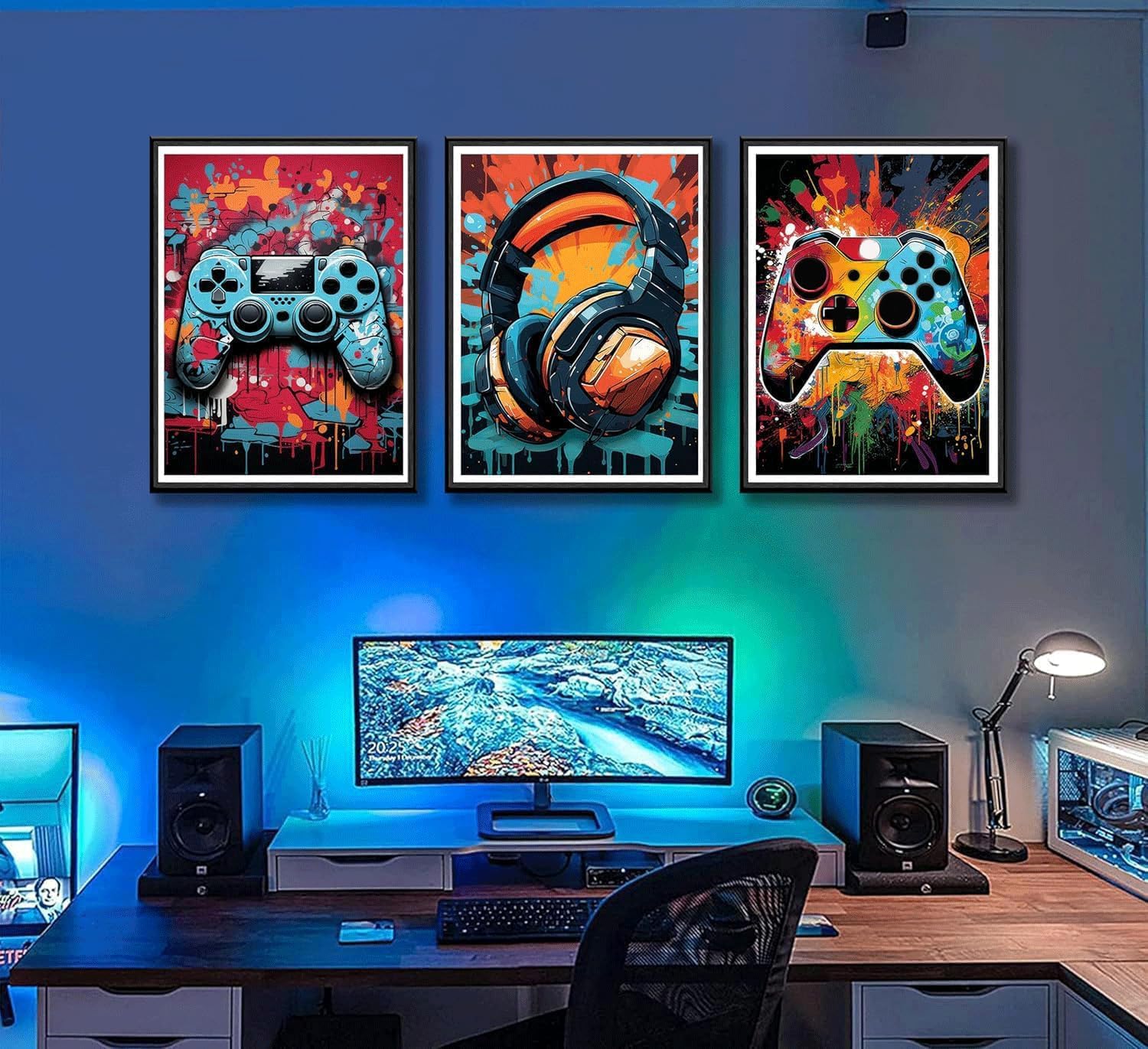 PPV Retro Video Game Wall Art - 3Pcs Colorful Neon Gamepad Canvas Prints for Boys' Room | 16x24in Unframed