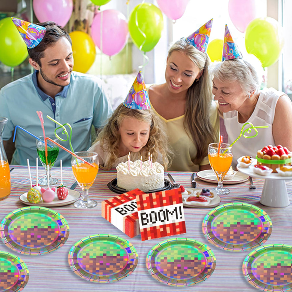 50Pcs Iridescent Pixel Party Plates and Napkins Set Video Game Disposable Tableware Set Pixel Dessert Plates Gaming Party Supplies Birthday Decorations for Kids Baby Shower Teen Gamer Serve 25