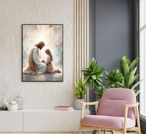 Jesus & Girl Wall Art - Christian Spiritual Painting of Jesus Praying with Child | Unframed Religious Decor