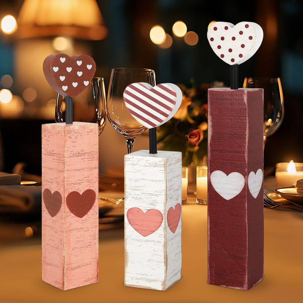 Valentine's Day Table Decorations 3 PCS Red Heart Tiered Tray Decor Wooden Rustic Valentine's Day Decor for Wedding Party Supplies (Candle.A)