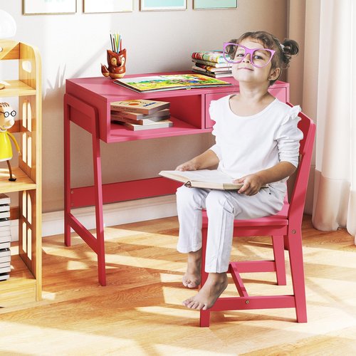 Costzon Kids Desk and Chair Set, Wooden Children Table with Drawer, Student Writing Table Computer Workstation for 3-8 Years Old, Kids Study Desk for Bedroom, School (Pink)