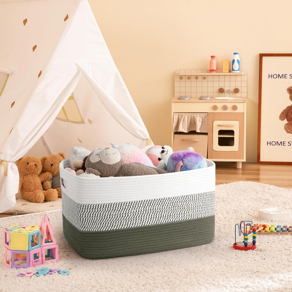 OIAHOMY Large Woven Blanket Basket - 22”x17”x12” Rectangle Storage for Nursery & Living Room | Green/White