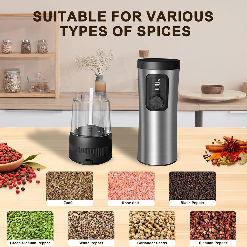 Skiennix Electric Salt and Pepper Grinder Set - Rechargeable Stainless Steel Mill with LED Light & 100ml Capacity