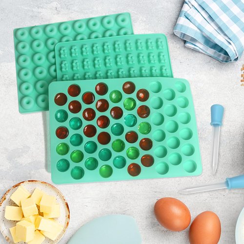 7Pcs Gummy Bear Molds Silicone, Nonstick Gummy Molds Includes Bear, 55 Cavity Round Molds, Dinosaur, Heart, Donut, Gummy Candy Chocolate Molds for Kids with 2 Droppers for Convenient Filling
