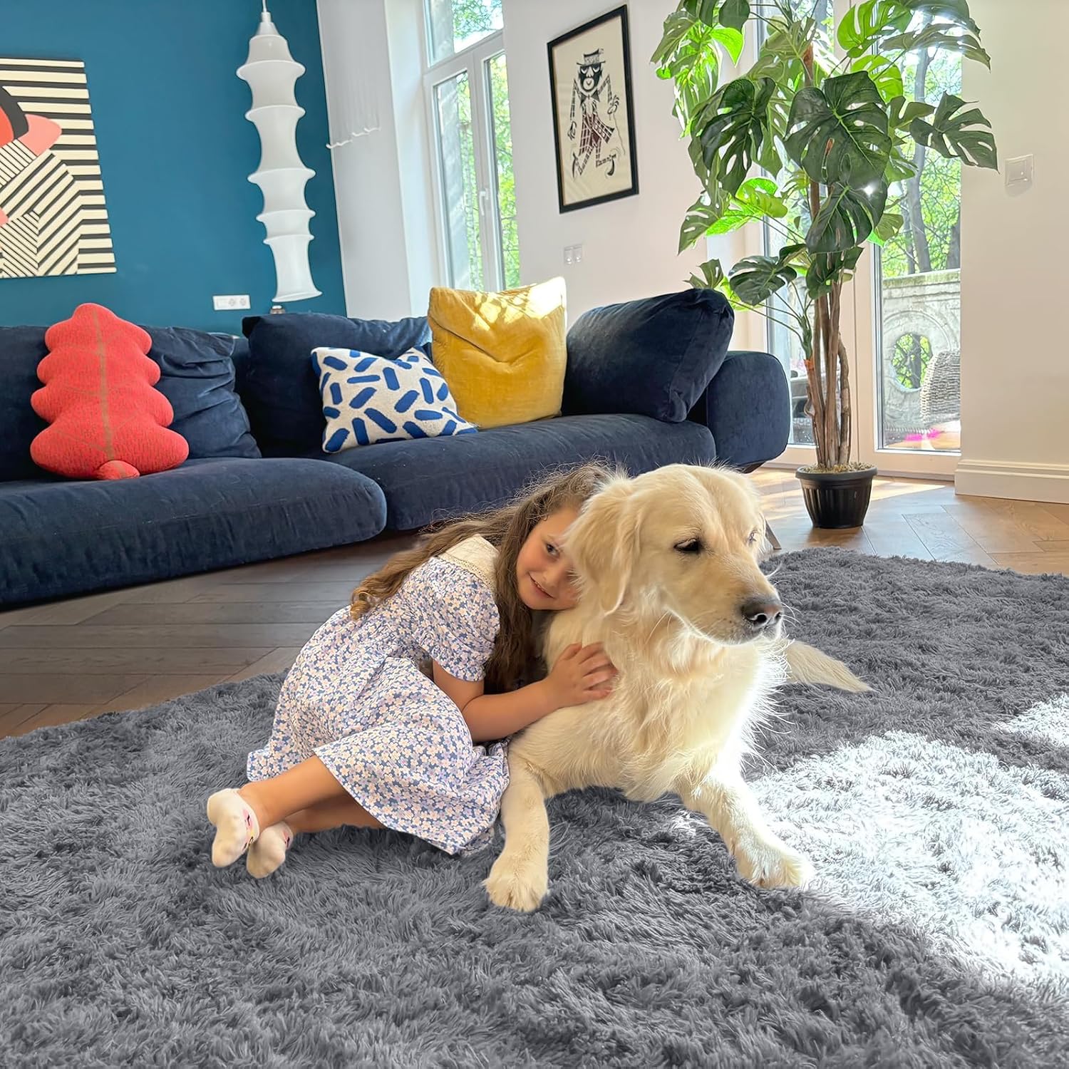 OLANLY Area Rugs - Soft Fluffy Shaggy Indoor Carpet for Living Room & Bedroom | Light Grey 6x7 ft