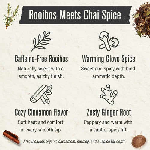Numi Organic Rooibos Chai Tea Bags, 18 Tea Bags (Pack of 3), Red Tea with Cinnamon, Allspice & Ginger, Caffeine Free