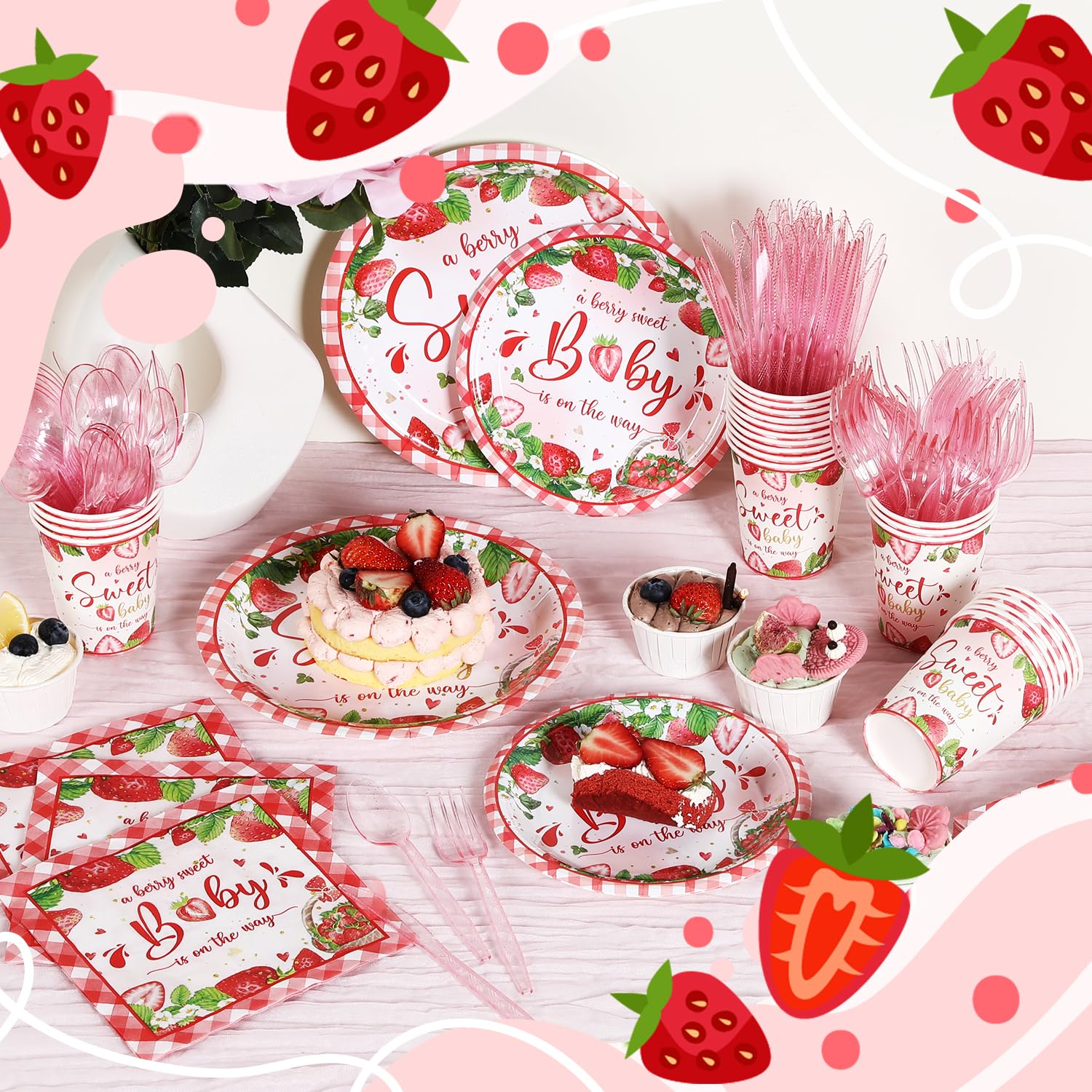 350 Strawberry Baby Shower Decorations for 50 Guests A Berry Sweet Baby is On The Way Party Supplies for Girls Disposable Dinnerware Set Paper Plates Napkins Cups