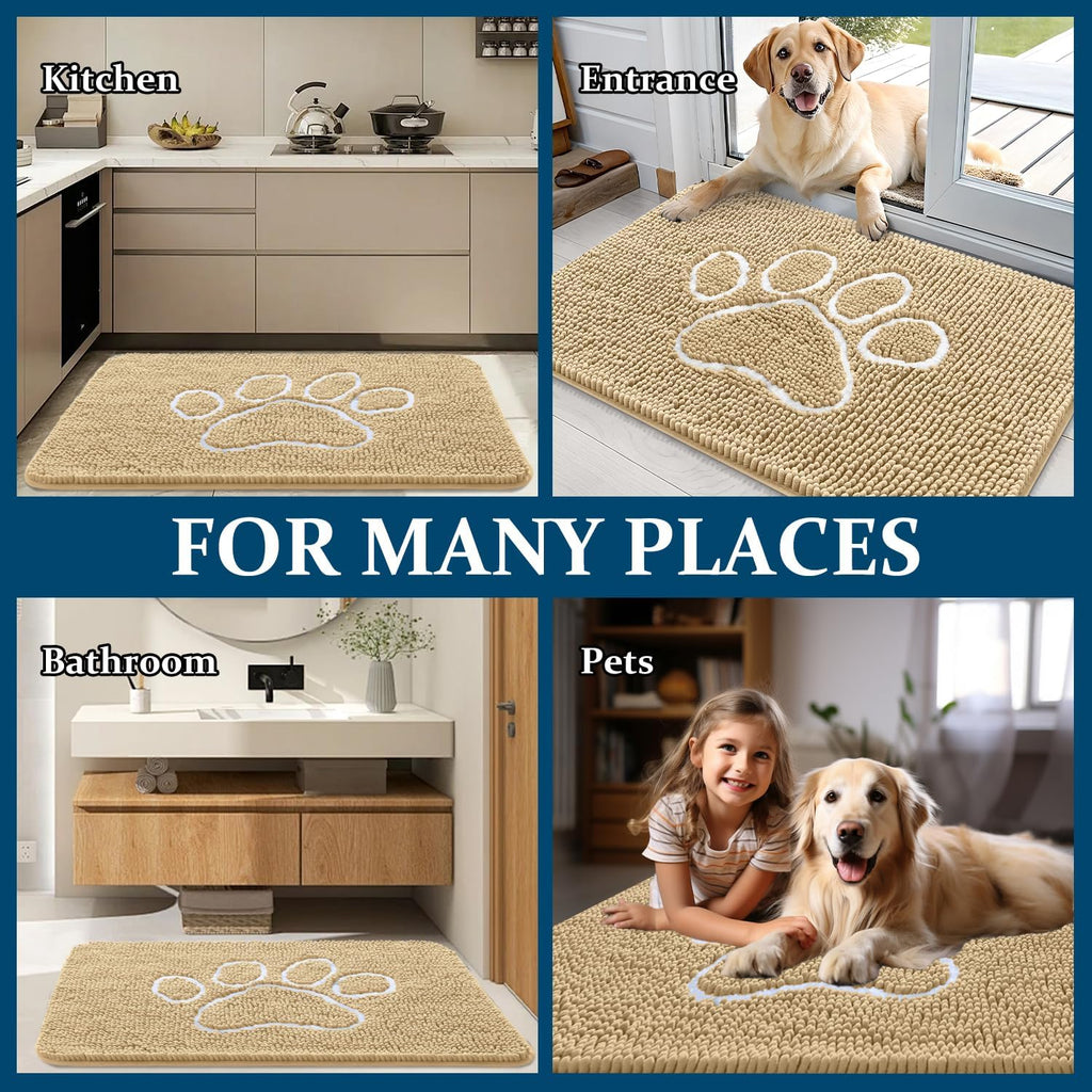 OLANLY Dog Door Mat - Absorbent Non-Slip Mud Mat for Dogs | 70x32 Paw Print Design in Beige