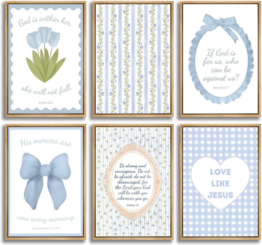 Skiennix Blue Bible Verses Wall Art - Floral Christian Decor for Girls Room | 8x10in Unframed Prints