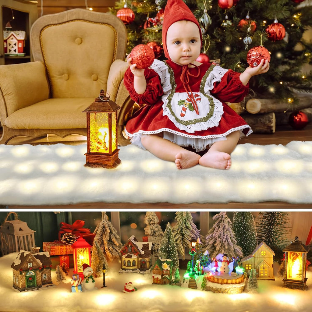 Skiennix Christmas Snow Blanket - 1.3x5.25 Ft Faux Snow Roll with 50 LED Lights for Winter Village Display